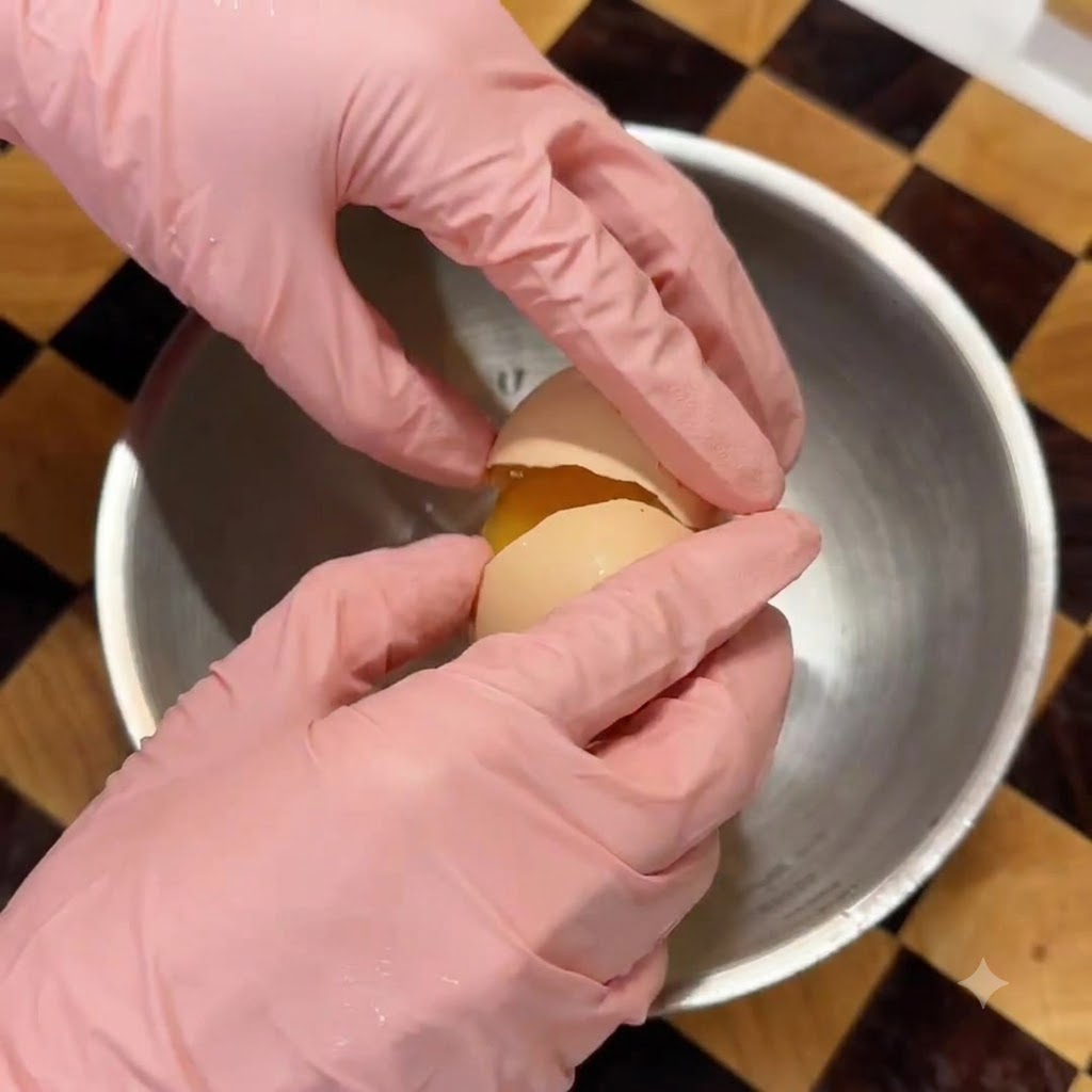 Mains portant des gants roses cassant un œuf frais dans un bol mélangeur en acier inoxydable.