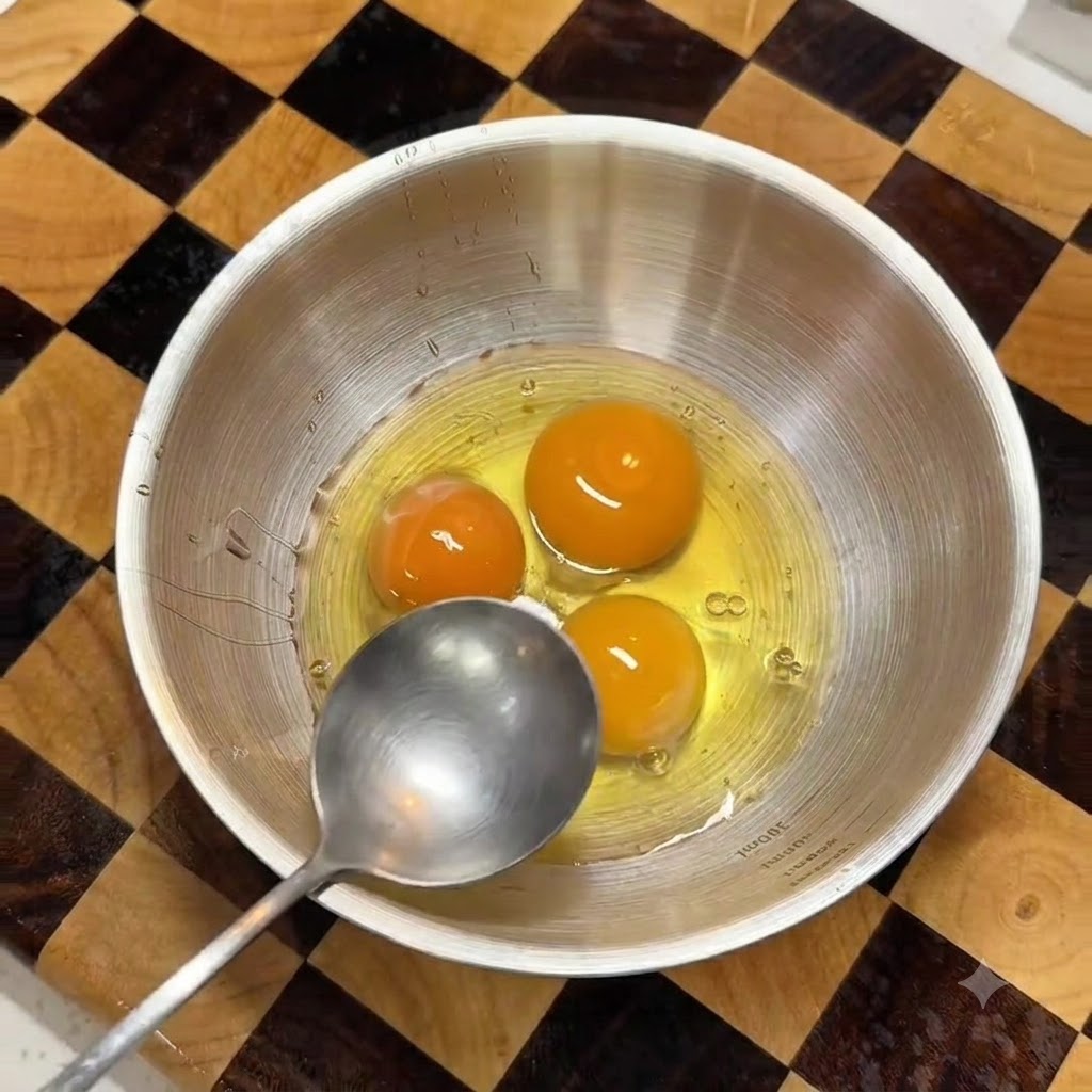 Un bol dœufs cassés avec une cuillère les fouettant ensemble avec de leau.