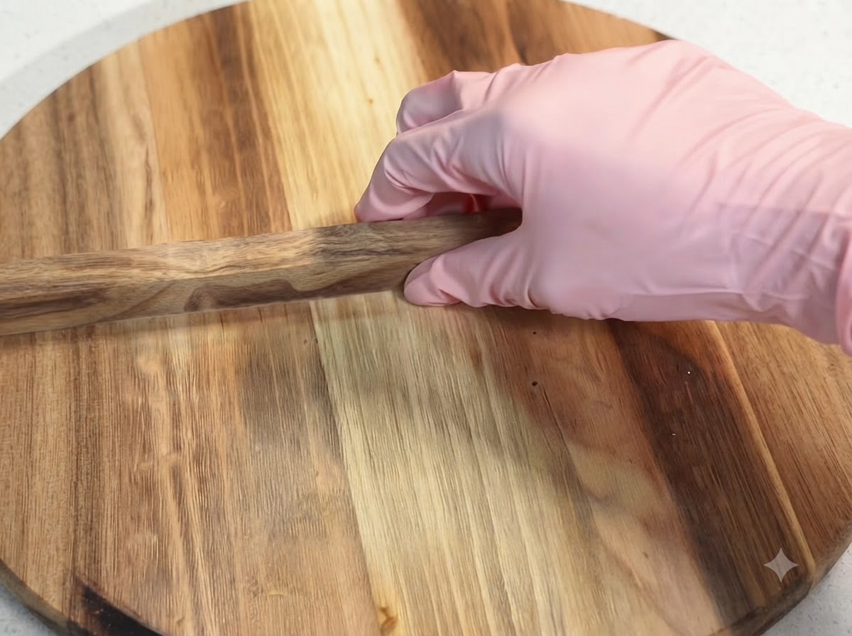 Une main portant un gant rose plaçant un couvercle en bois sur une poêle.