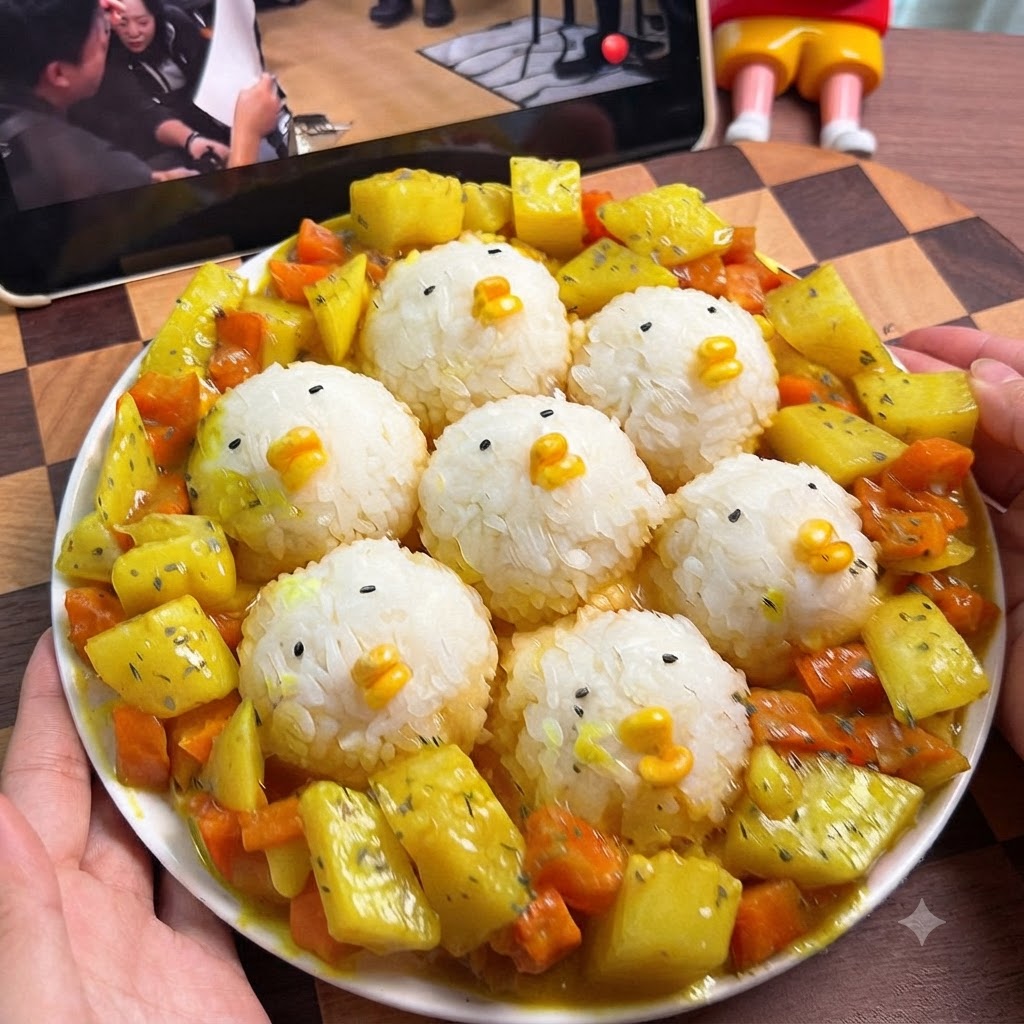 Une pince plaçant des graines de sésame et du maïs sur une boulette de riz pour former le visage dun poussin.