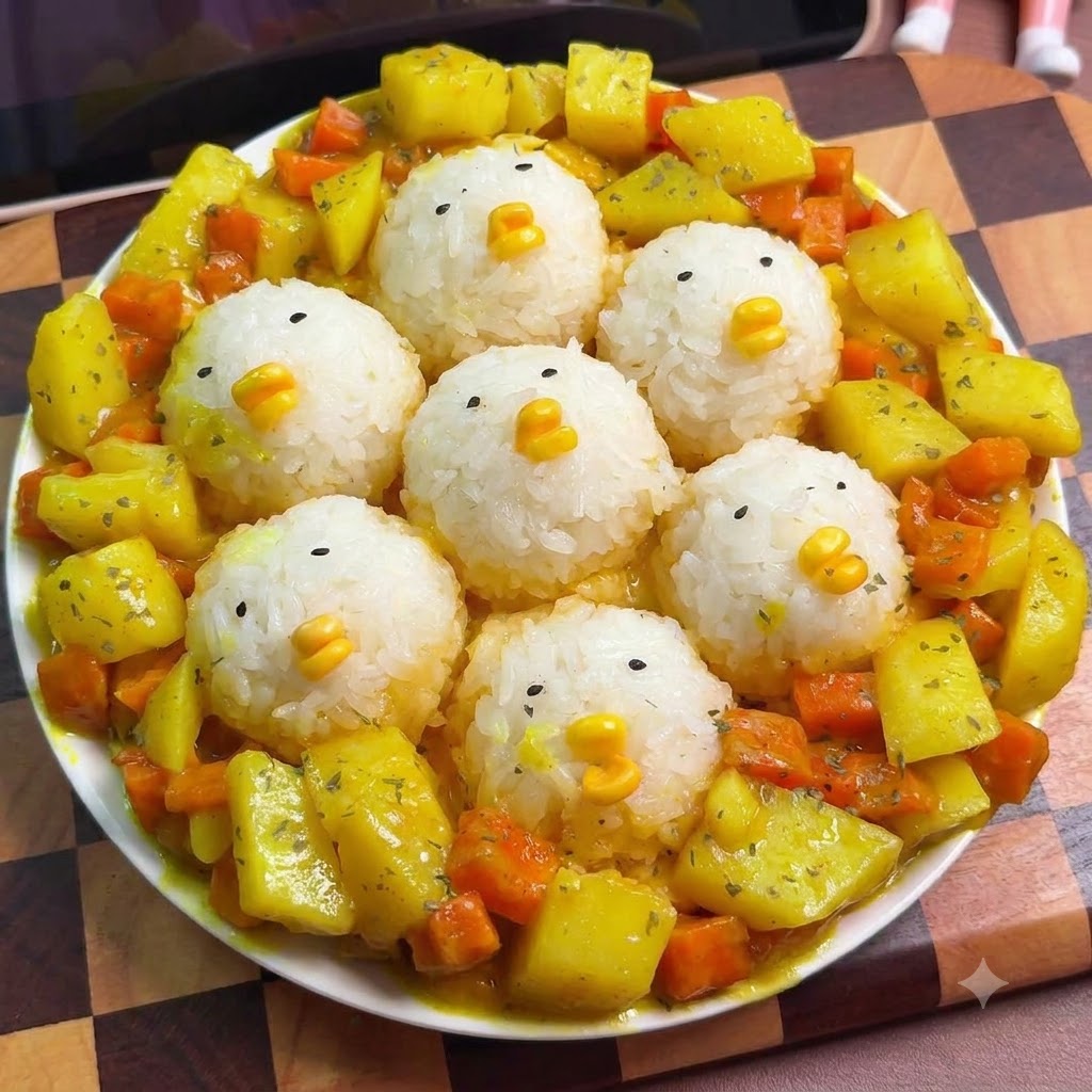 Cube de curry et eau ajoutés à des pommes de terre et carottes sautées dans une poêle.