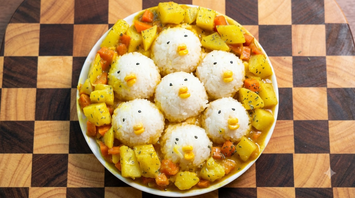 Riz sauté aux œufs et curry et ses adorables poussins