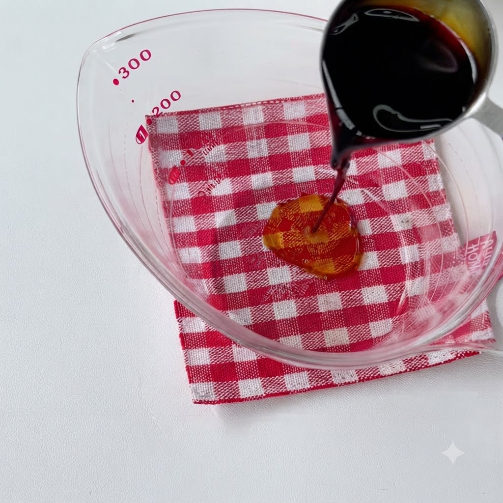 Ingrédients de la sauce versés et mesurés dans un verre mesureur posé sur un torchon à carreaux rouges.
