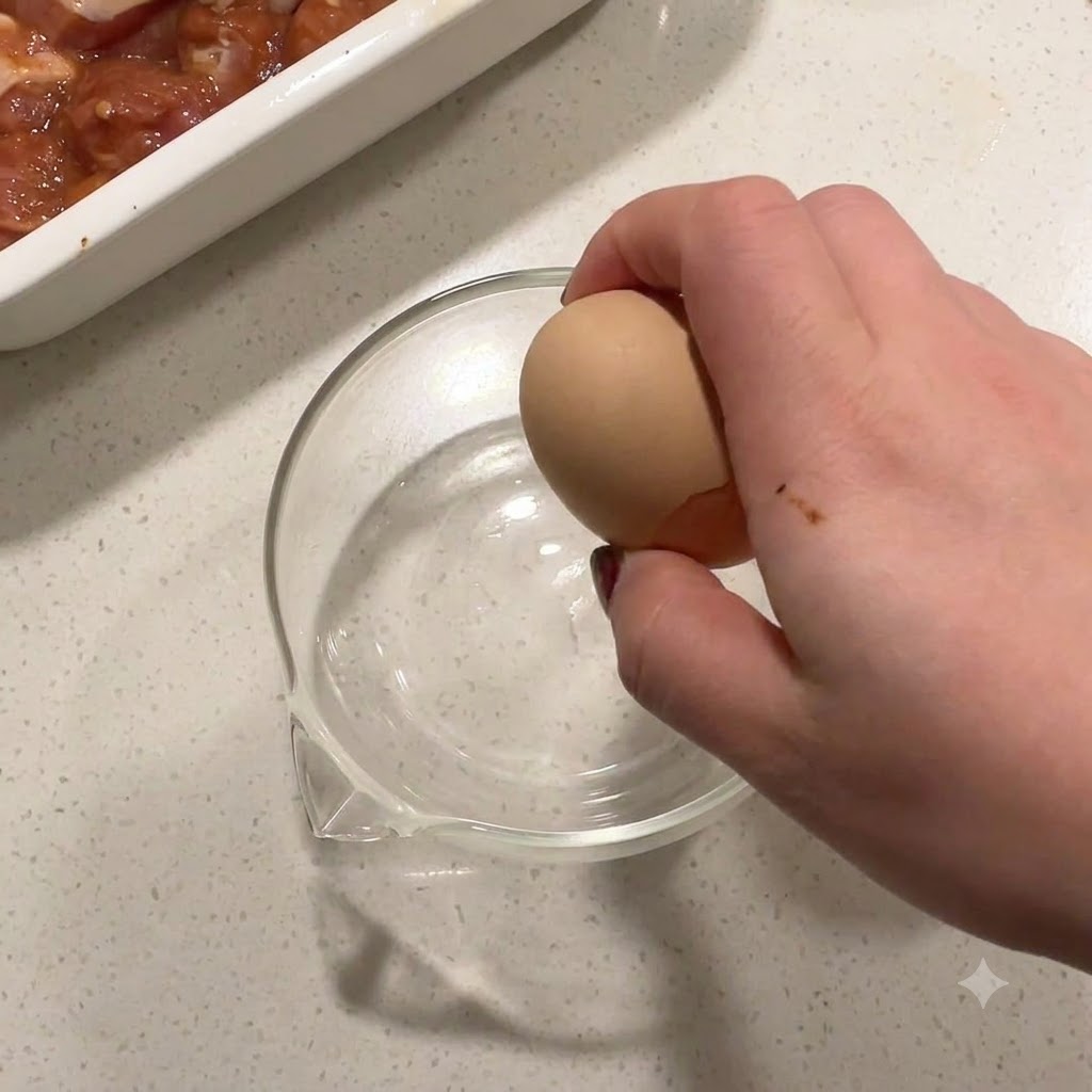 Une main cassant un œuf dans un bol en verre à côté dun récipient de poulet mariné.