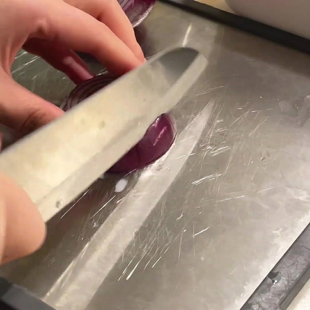 Un couteau bien aiguisé coupant un oignon rouge sur une planche à découper.