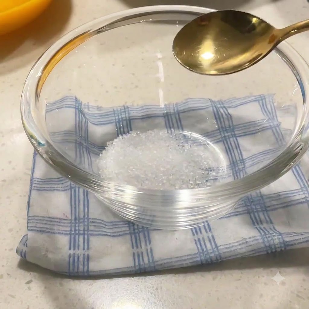 Du sucre en poudre dans un bol en verre avec une cuillère dorée planant au-dessus.