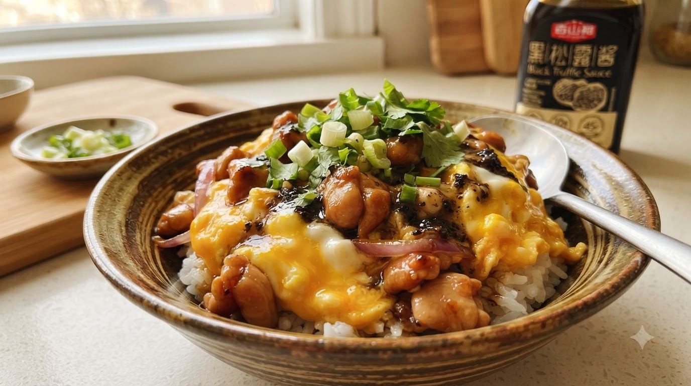 Pilaf de Poulet Japonais à l'Œuf Moelleux & Sauce Truffe Noire