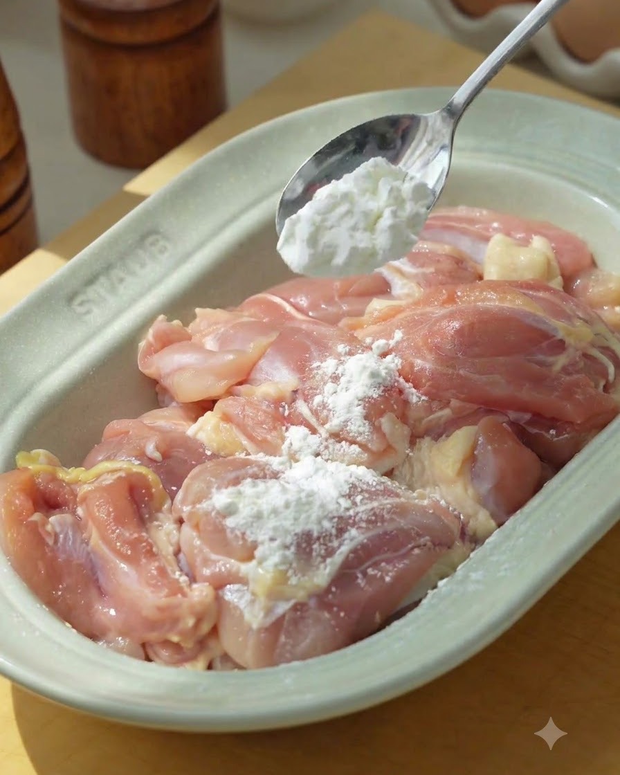 Fécule de maïs versée à la cuillère sur des morceaux de poulet cru dans un plat en céramique vert clair.