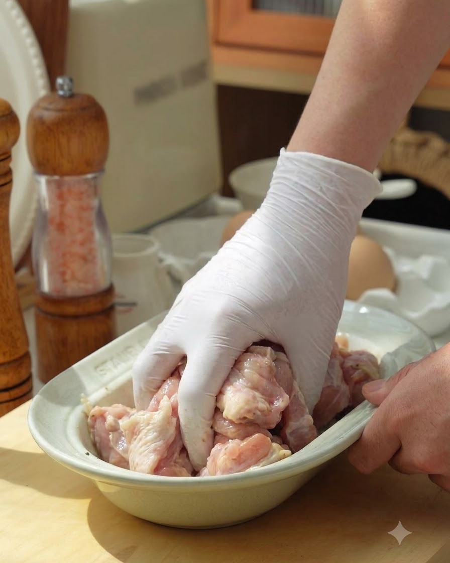 Une main portant un gant de cuisine blanc mélangeant des morceaux de poulet cru dans un plat en céramique.