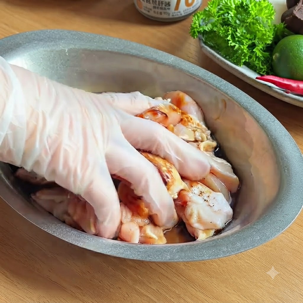 Une main gantée mélangeant les morceaux de poulet avec les assaisonnements dans un bol en métal.