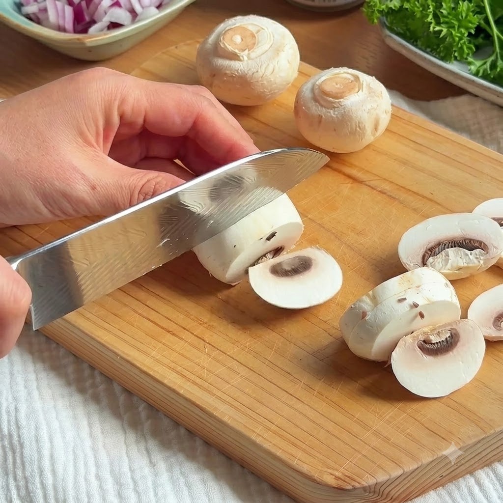 Des champignons frais en train dêtre tranchés avec un couteau de cuisine sur une planche à découper en bois.
