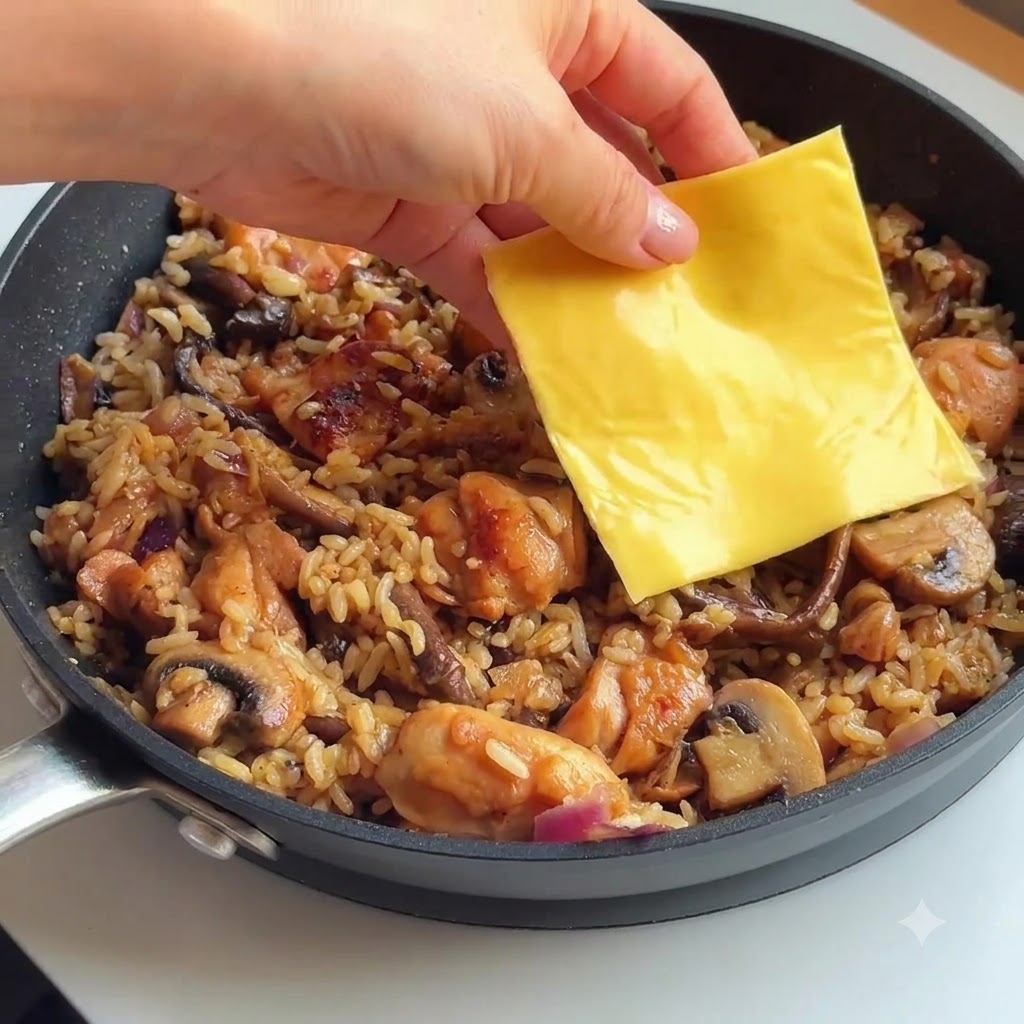Des tranches de fromage disposées sur le riz frit au poulet et aux champignons.
