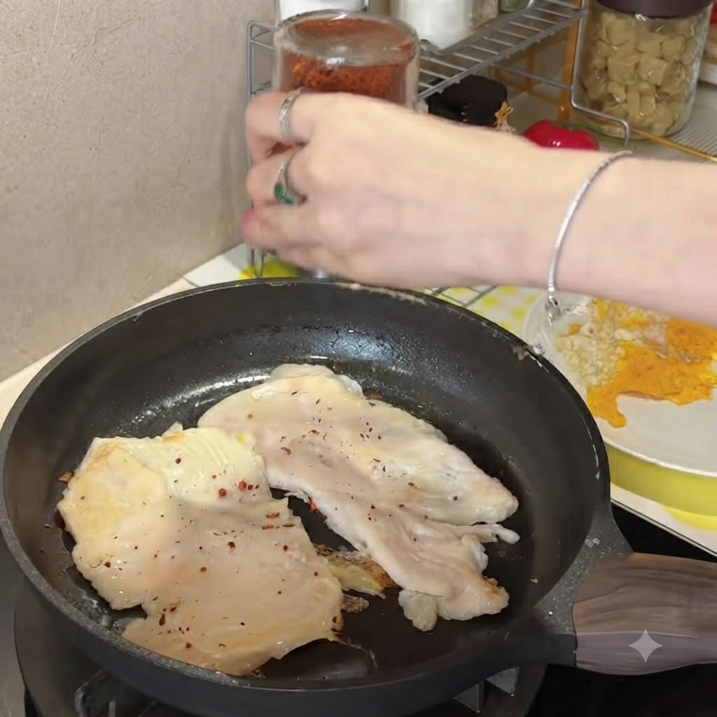Saupoudrage de flocons de piment rouge sur des escalopes de poulet en cours de cuisson.