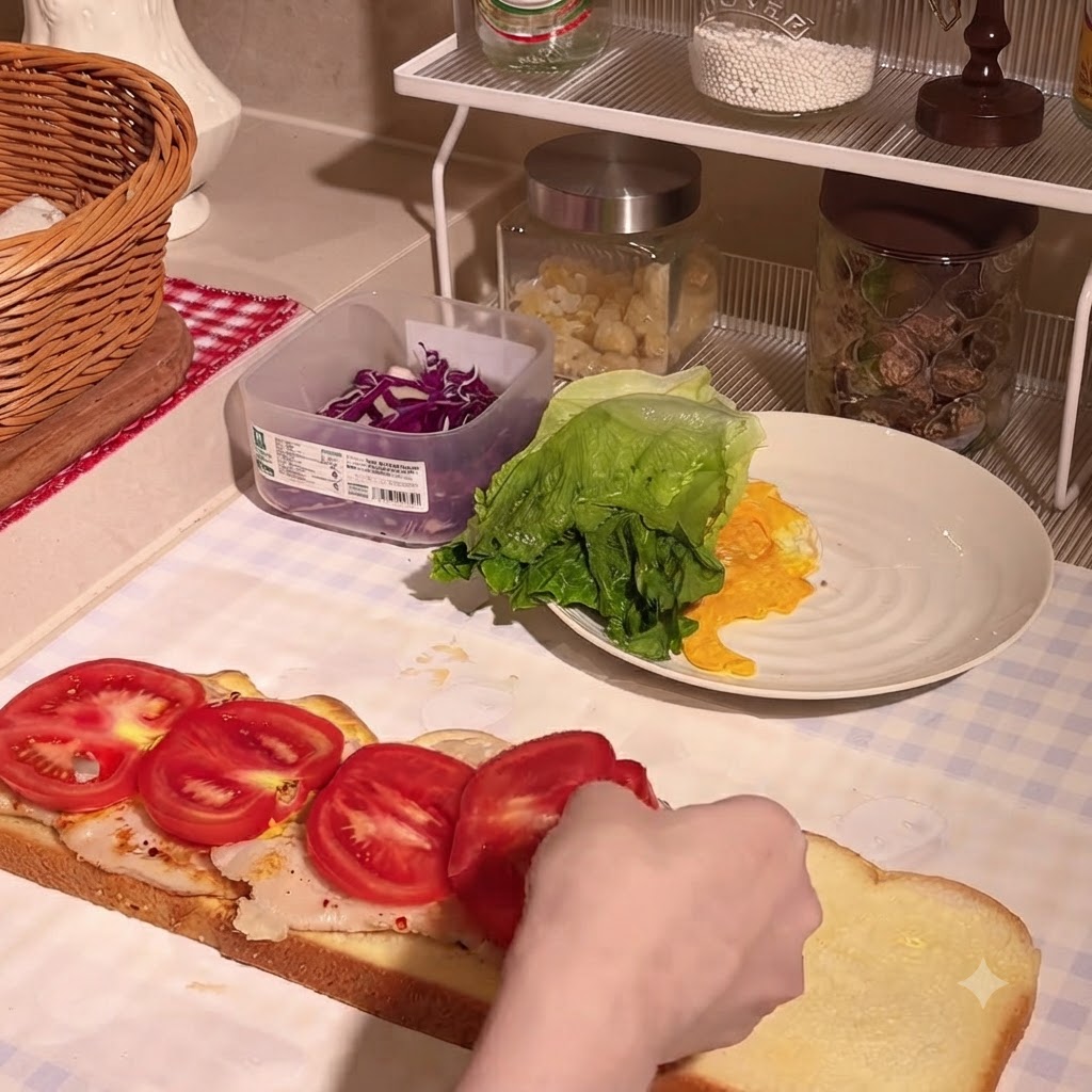 Mise en place de rondelles de tomate sur les escalopes de poulet épicées.