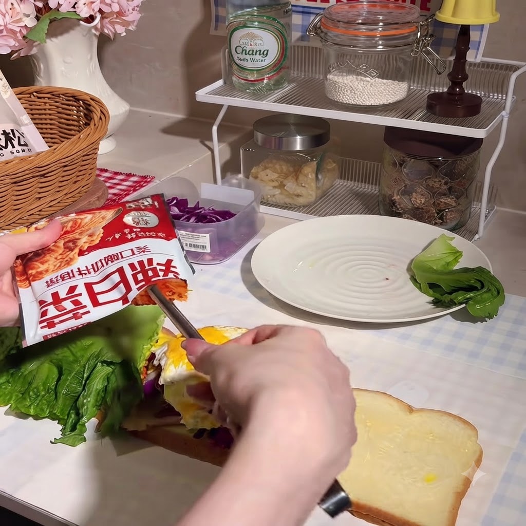 Portion de kimchi égoutté déposée au centre de la garniture du sandwich.