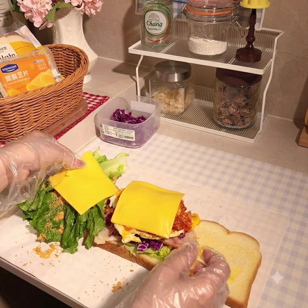 Tranche de fromage allégé déposée sur les ingrédients chauds du sandwich.