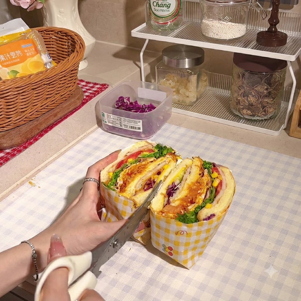 Découpe nette du sandwich emballé à laide de ciseaux de cuisine révélant les couches colorées.