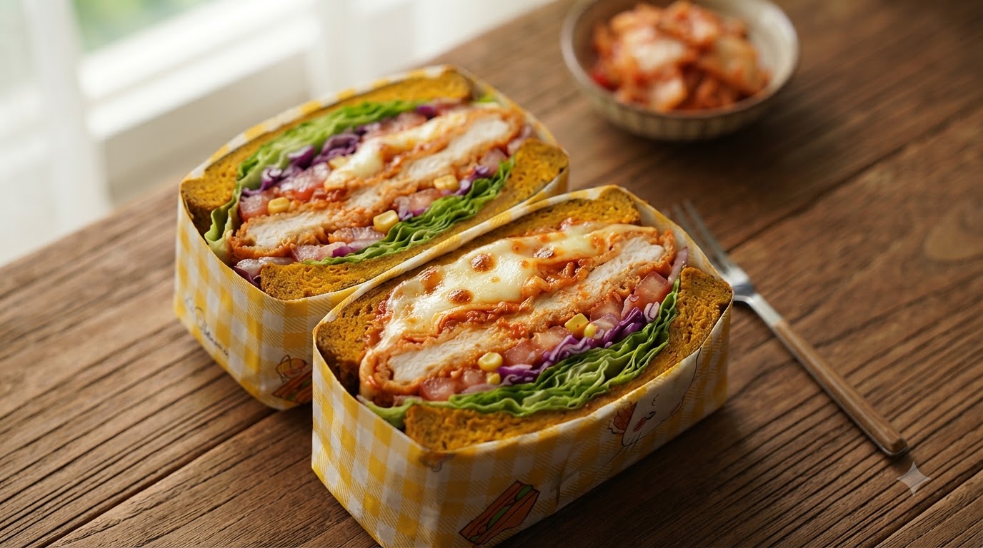 Sandwich Coréen Double Poulet, Kimchi et Fromage Fondant