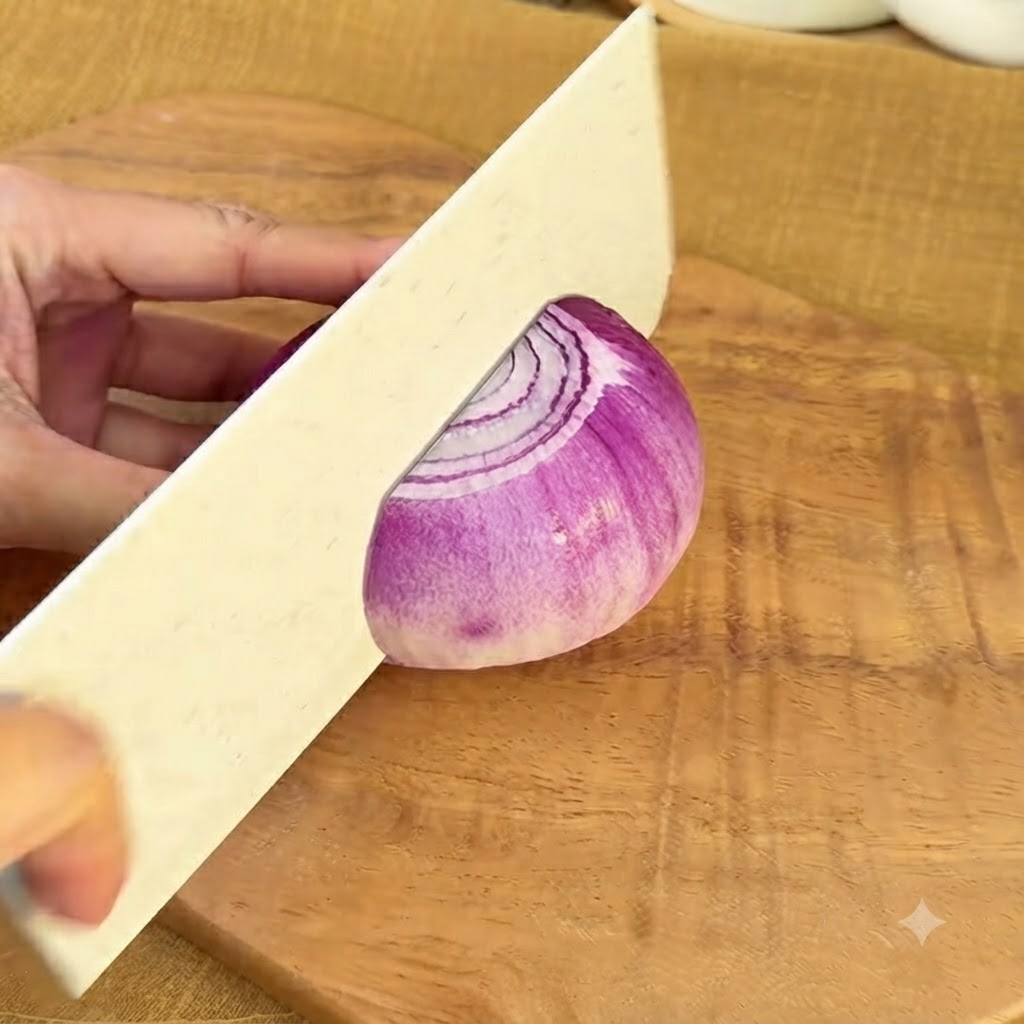 Un couteau de cuisine coupant un oignon rouge en fines lanières sur une planche à découper en bois.