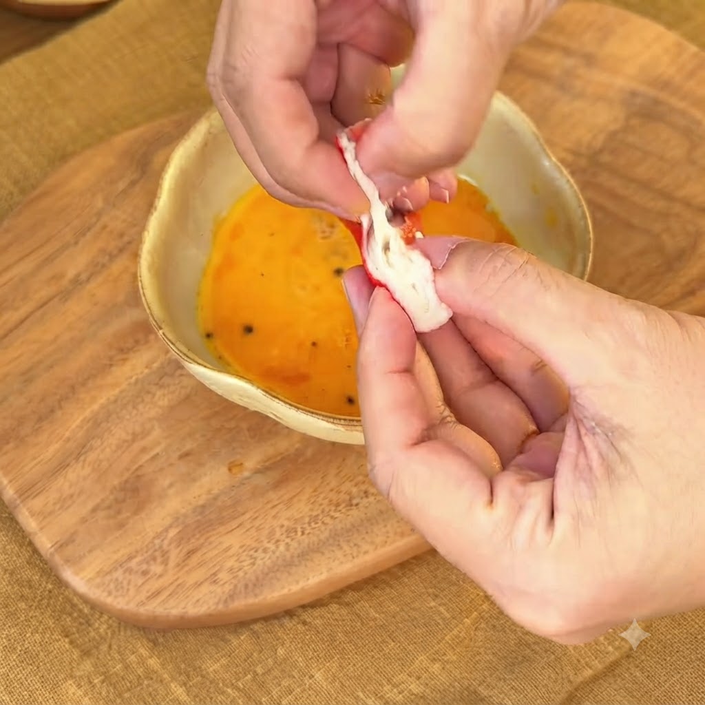 Des bâtonnets de surimi effilochés ajoutés dans un bol dœufs crus.