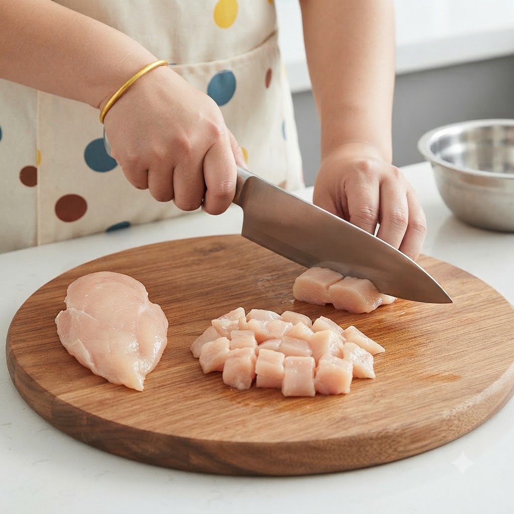 Mains utilisant un grand couteau pour couper du blanc de poulet cru en morceaux sur une planche à découper en bois ronde.
