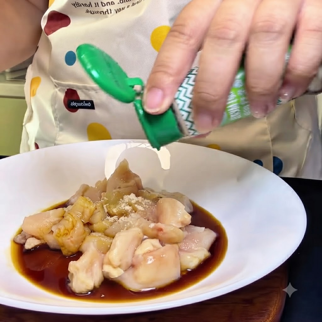 Une personne saupoudrant du poivre blanc sur un bol blanc rempli de morceaux de poulet cru, de sauce soja et dassaisonnements.