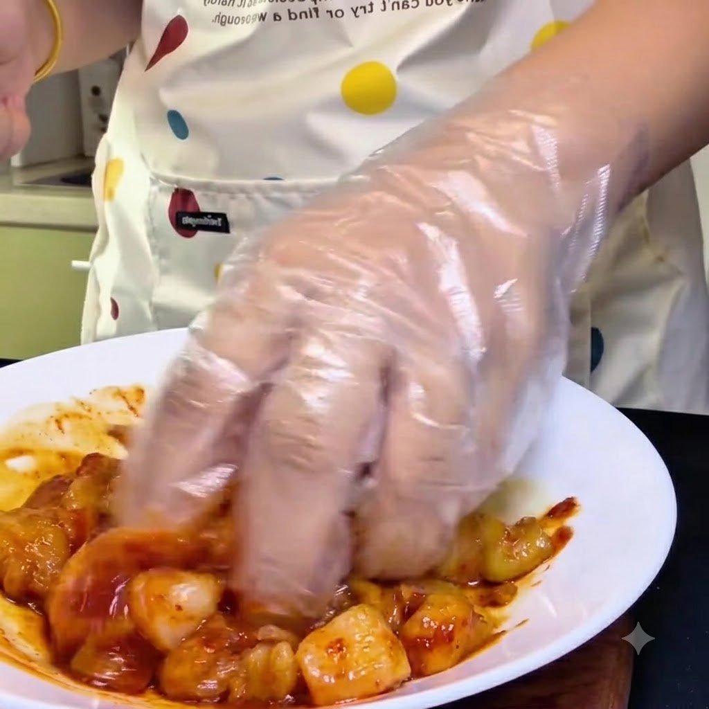 Une main portant un gant en plastique transparent mélangeant des morceaux de poulet cru avec une marinade rouge dans un bol blanc.