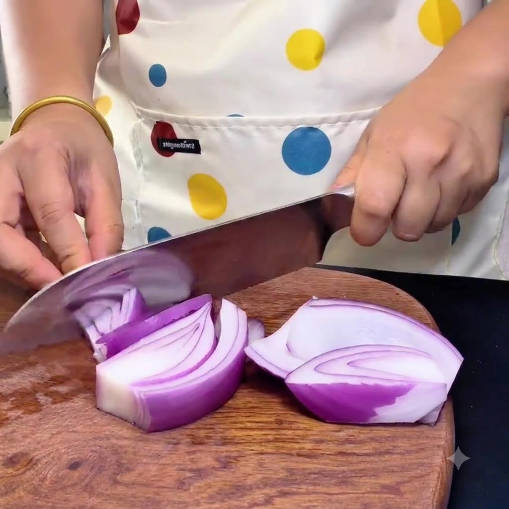 Mains utilisant un couteau de chef pour couper un oignon rouge en dés sur une planche en bois.