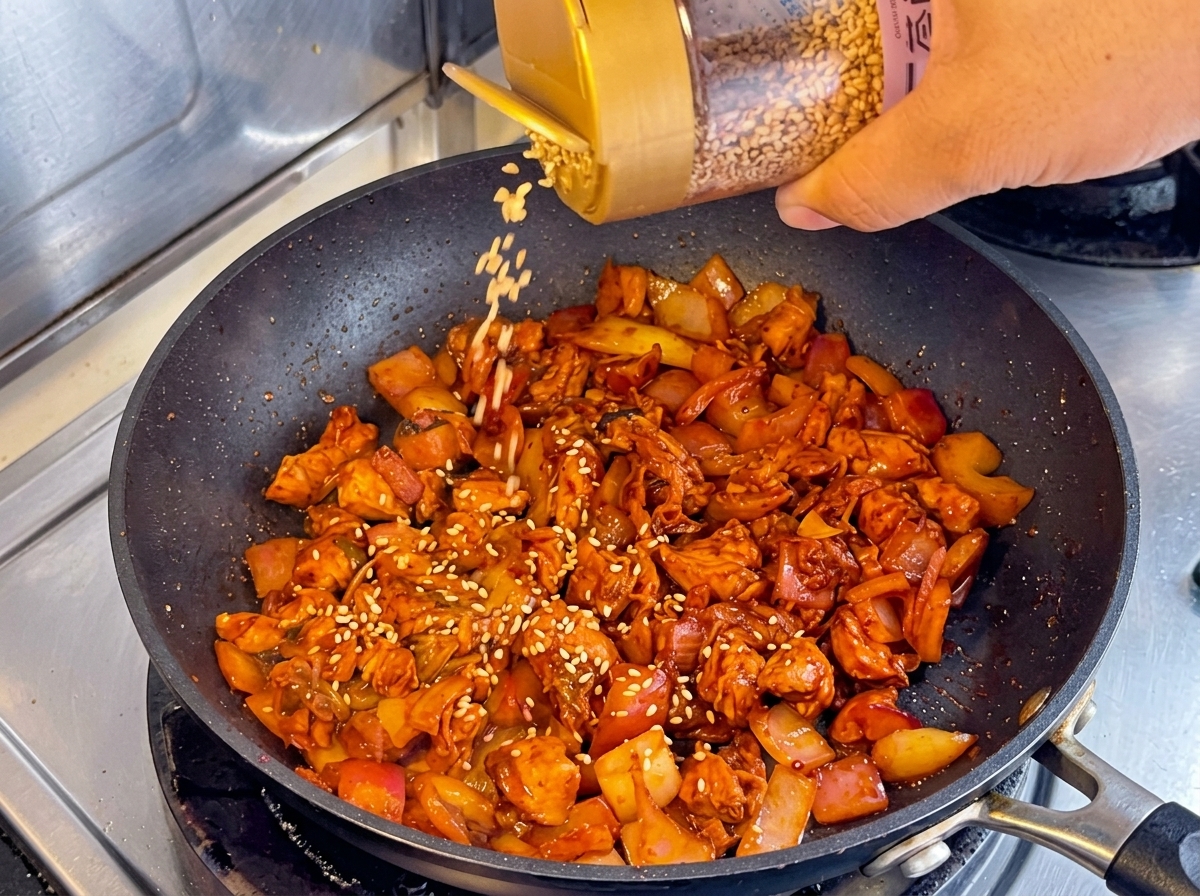 Une main secouant un flacon de graines de sésame blanc au-dessus dune poêle remplie de sauté de kimchi et de poulet.