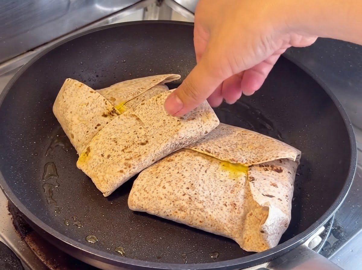 Deux galettes de blé complet pliées dans une poêle noire sèche, avec une main appuyant légèrement dessus.