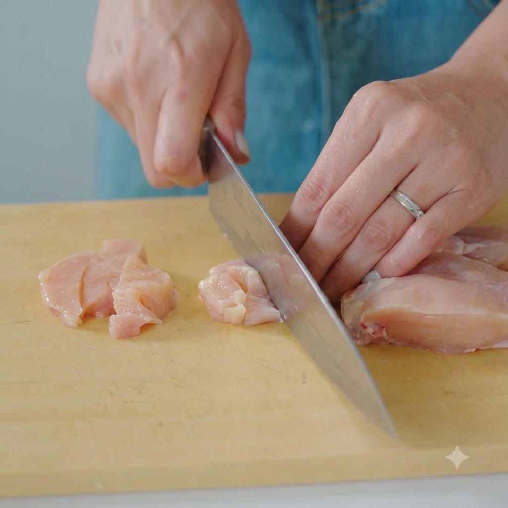 Poitrine de poulet en cours de découpe en petits morceaux sur une planche à découper en bois avec un couteau bien aiguisé.