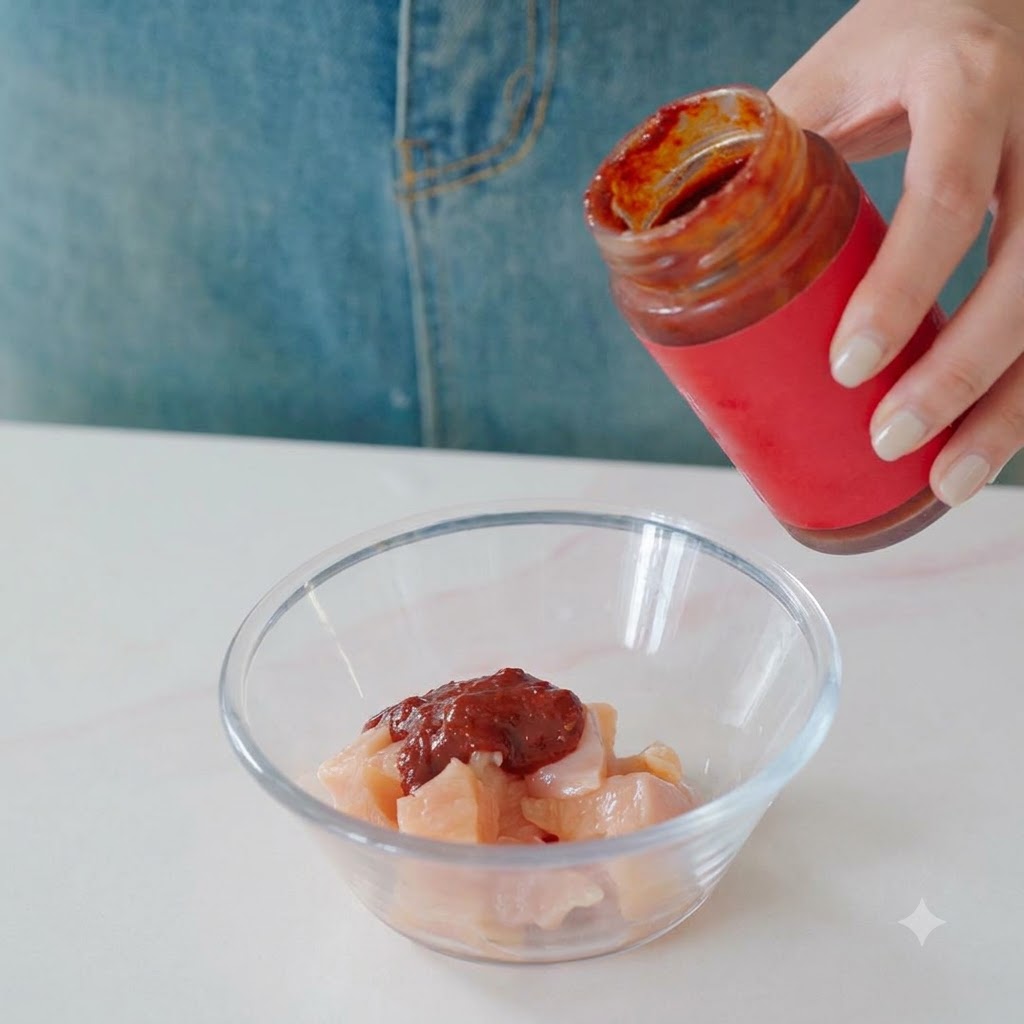 Pâte de piment coréenne et autres assaisonnements versés depuis un pot dans un bol en verre contenant des morceaux de poulet.