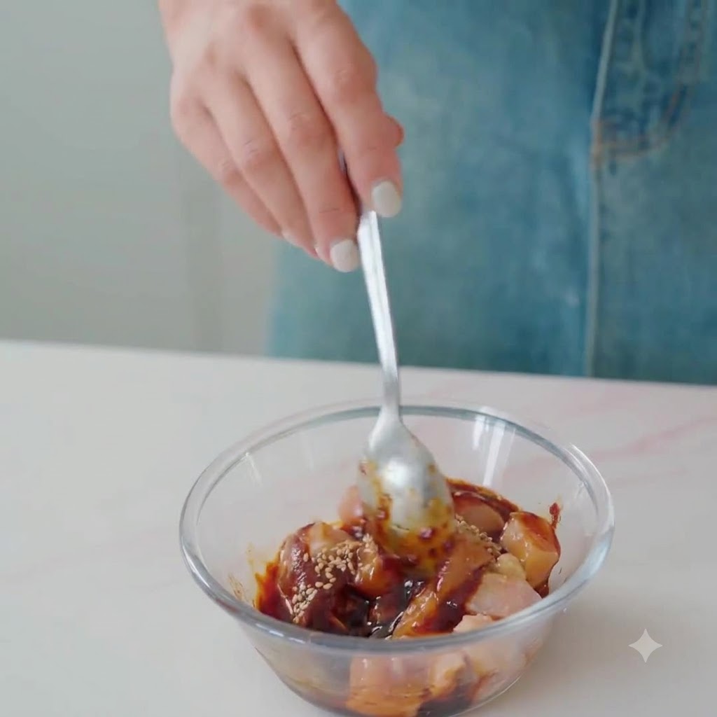 Une cuillère mélangeant le poulet et les ingrédients de la marinade dans un bol en verre.