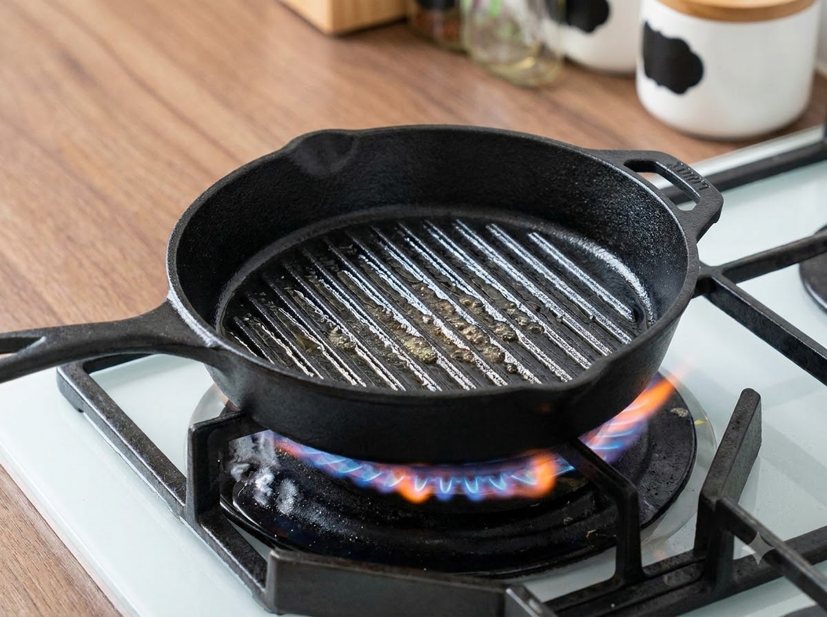 Une poêle gril noire chaude et huilée posée sur une flamme de gaz bleue sur la cuisinière.