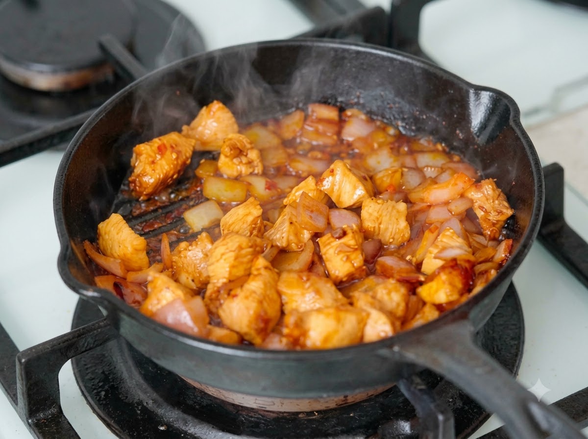 Une poêle de cuisson remplie de morceaux de poulet et doignons fumants en train dêtre mélangés.