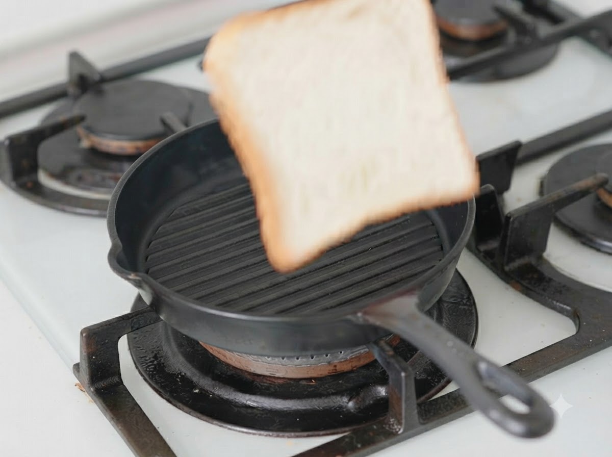 Une seule tranche de pain placée à lintérieur dune poêle gril noire avec du fromage sur le dessus.