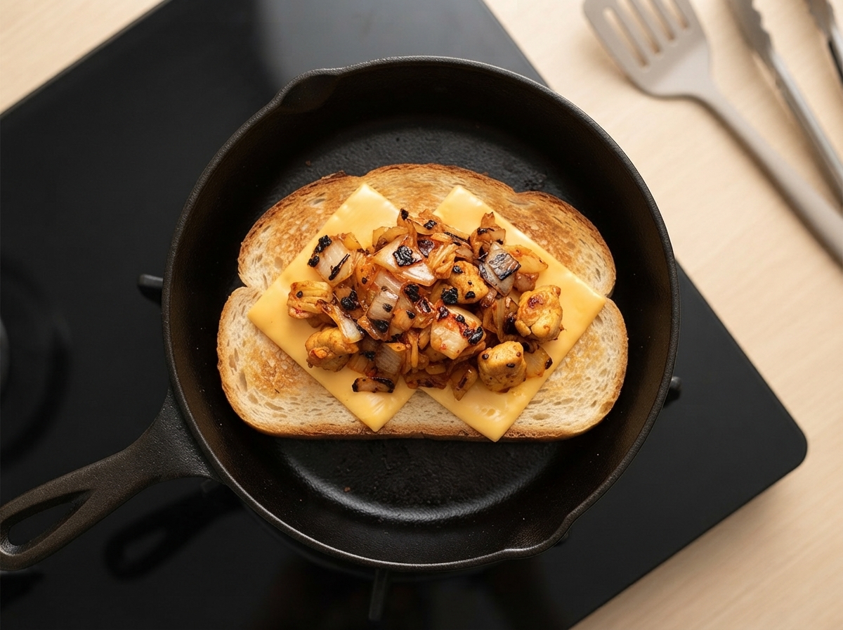 Le mélange de poulet au kimchi préparé disposé à la cuillère sur la tranche de fromage sur le pain.