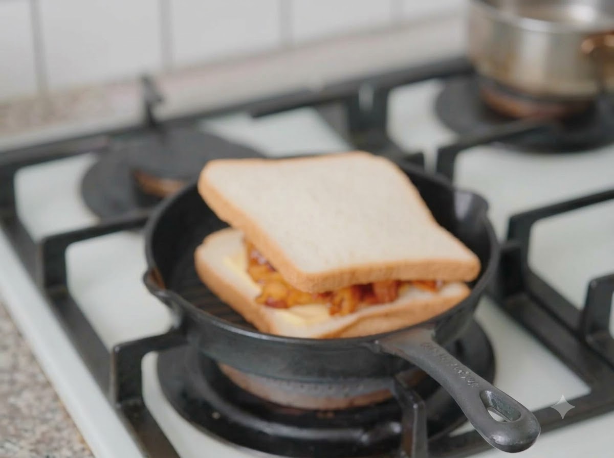 Un sandwich entièrement assemblé dans la poêle gril avec un couvercle lourd appuyé dessus.