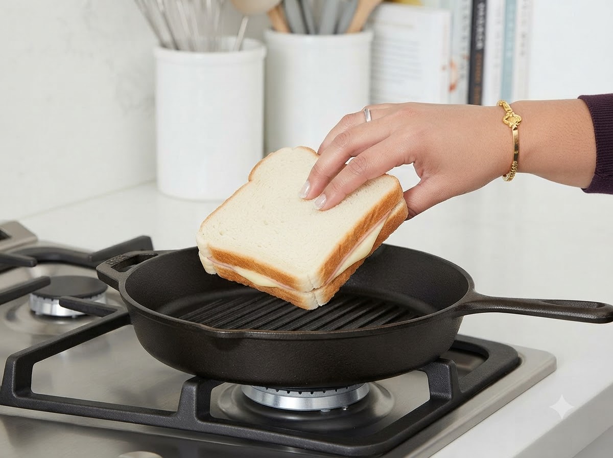Une main retournant le sandwich à lintérieur de la poêle gril chaude.