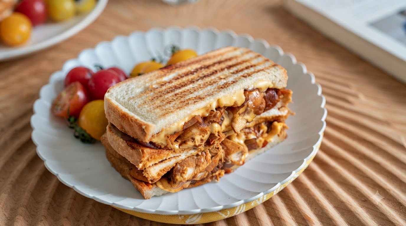 Gros plan sur un sandwich grillé coupé en deux sur une assiette, révélant le fromage fondu et la garniture épicée au poulet et kimchi.