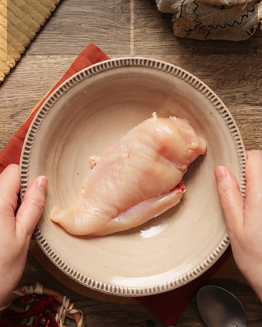 Morceaux de blanc de poulet dans un bol avec divers aromates en train dêtre ajoutés.