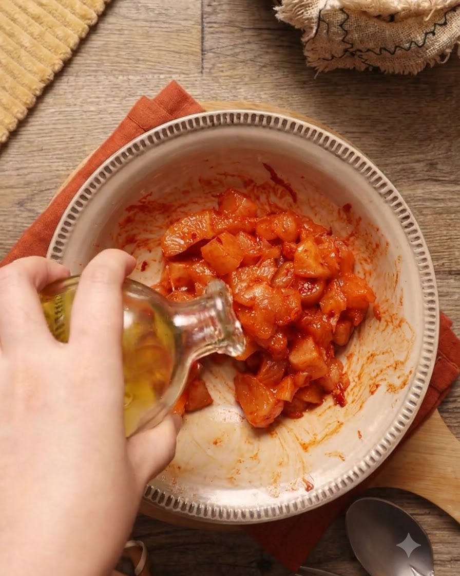 Huile dolive versée dans un bol de poulet mariné.