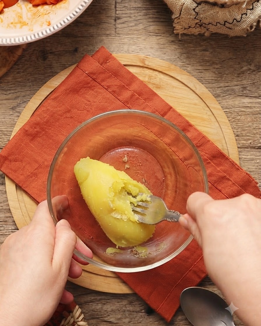 Une pomme de terre bouillie en train dêtre écrasée dans un bol à laide dune fourchette.