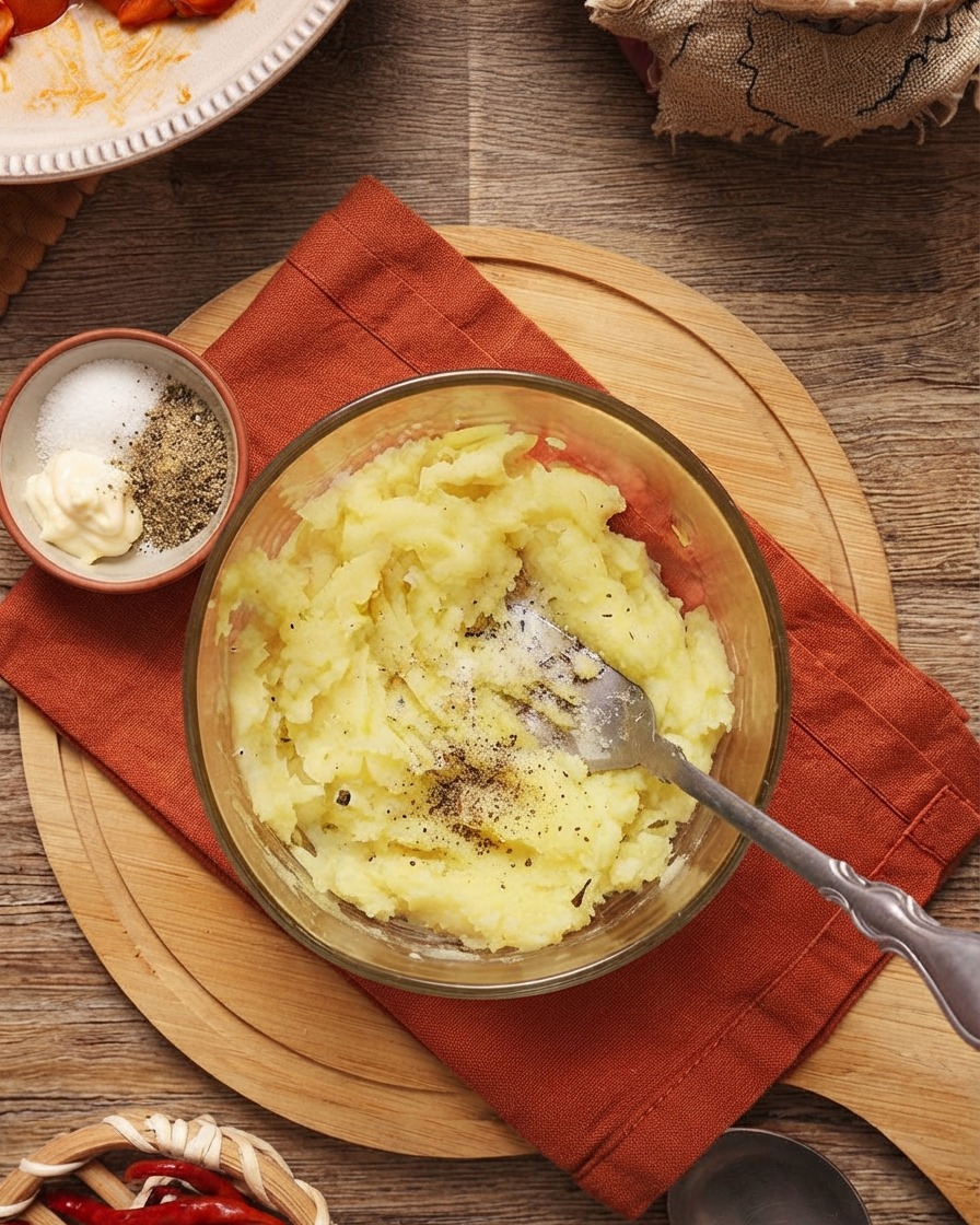 Poivre noir moulu et sel ajoutés à la purée de pommes de terre.