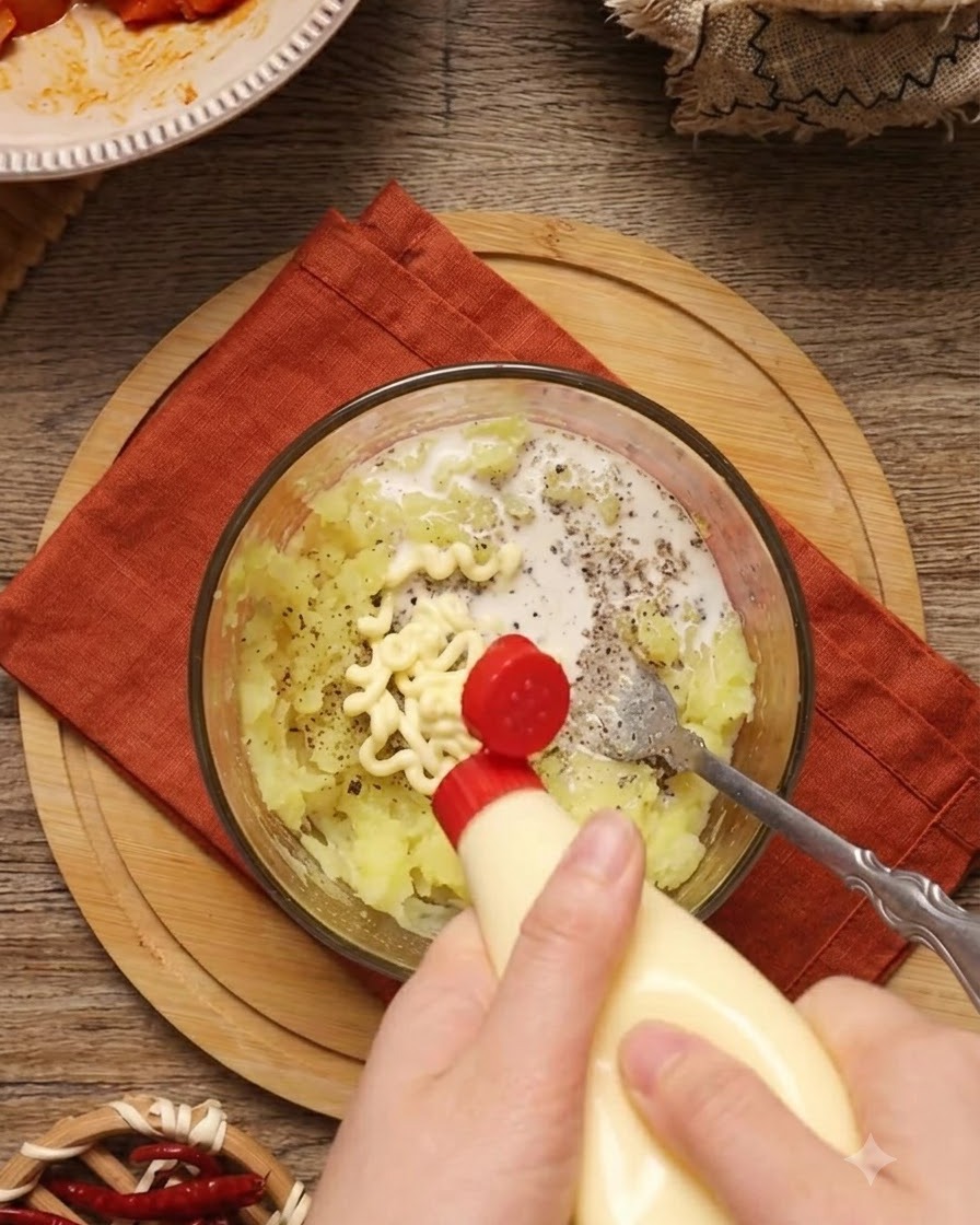 Mayonnaise et lait ajoutés à un bol de purée de pommes de terre.
