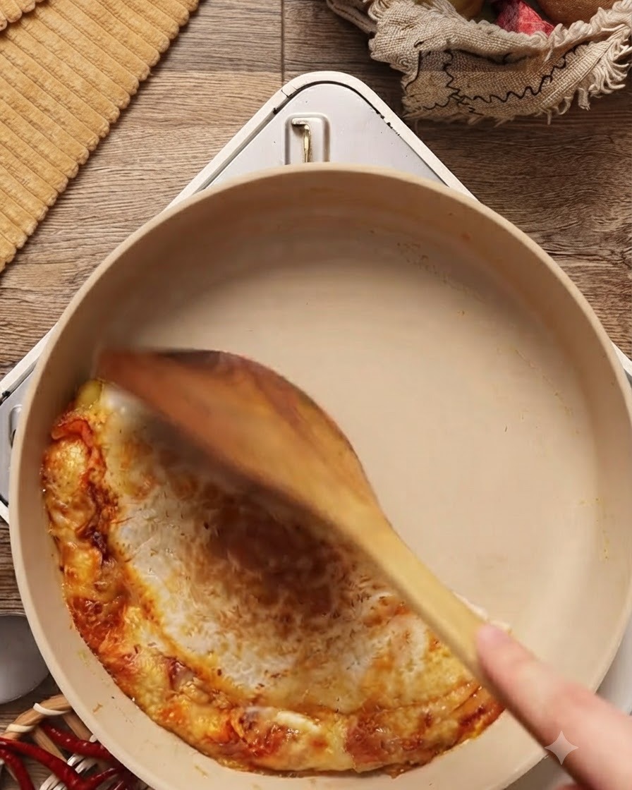 Kimchi et poulet mariné en train de cuire et dêtre remués dans une poêle avec une spatule en bois.