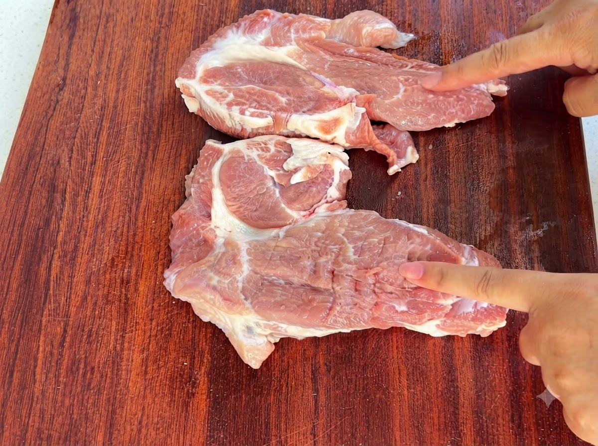 Tranches dépaule de porc attendries avec le dos dun couteau sur une planche à découper en bois.