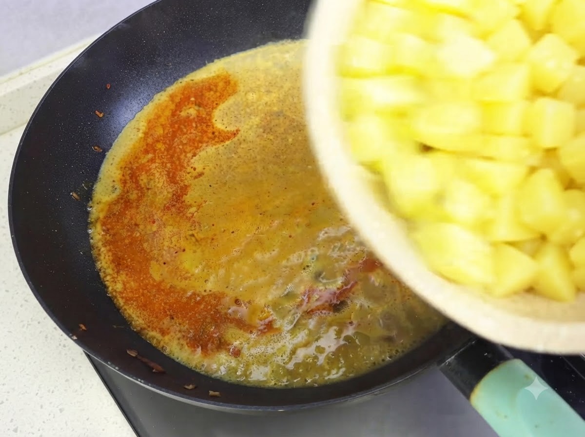 Une main versant un bol de pommes de terre jaunes coupées en dés dans une poêle sombre contenant la sauce au curry frémissante.