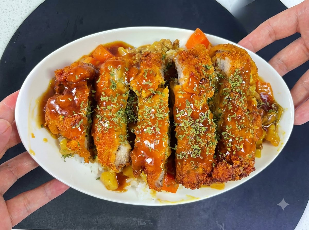 Une escalope de porc panée frisant dans lhuile chaude jusquà devenir dorée et croustillante.
