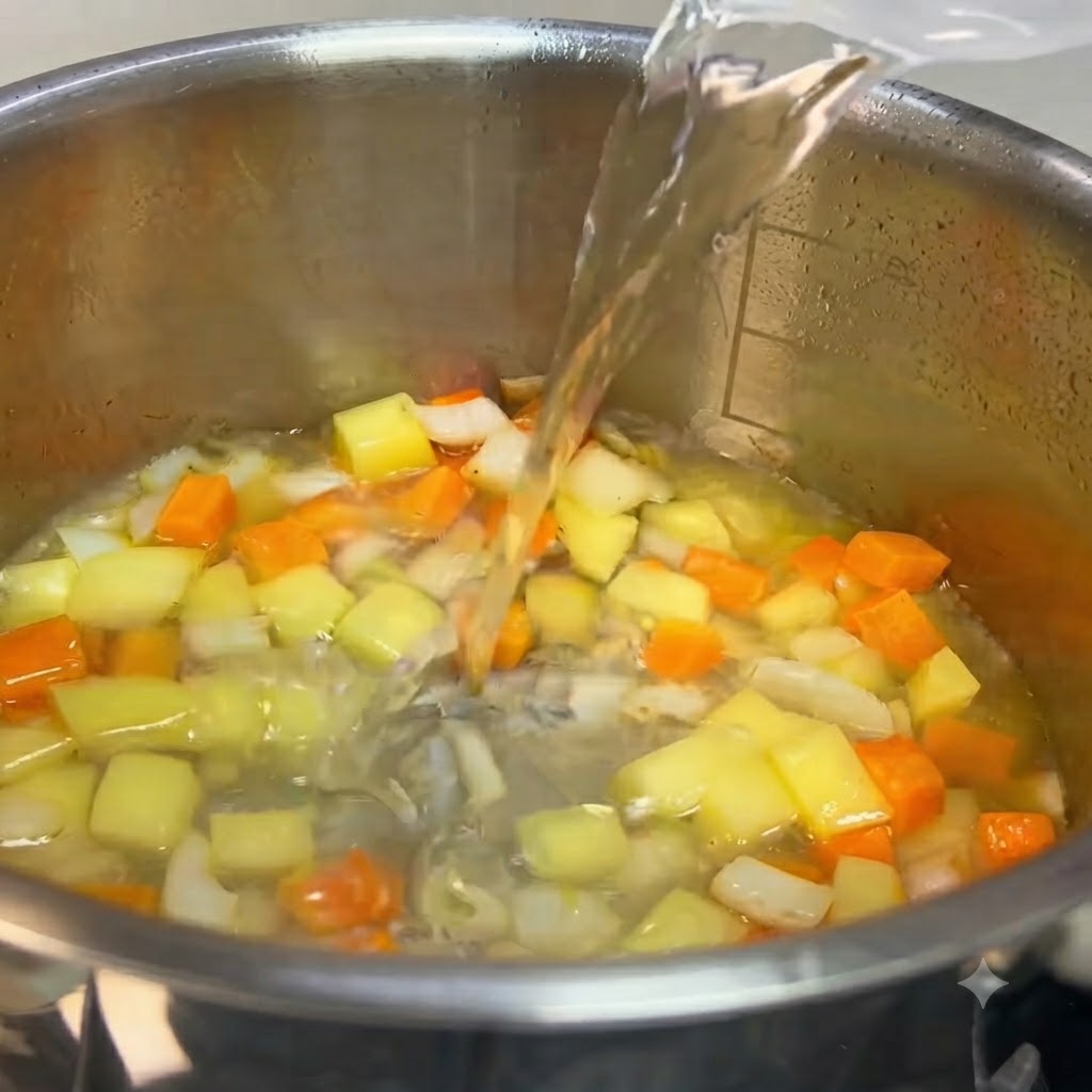 Des cubes de curry et du liquide versés dans une casserole de légumes coupés comme des pommes de terre et des carottes.